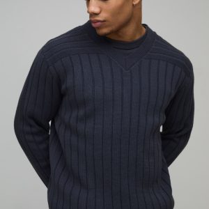 Regular Fit Ribbed V Neck Knitted Jumper