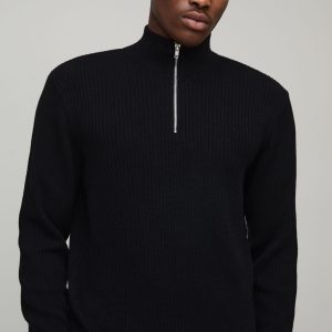 Regular Fit Ribbed 1/4 Zip Funnel Neck Jumper