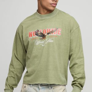 Oversized Shrunken Boxy Raw Hem Eagle Long Sleeve Washed Graphic T-Shirt
