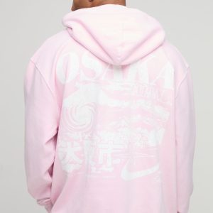 Pink Oversized Washed Osaka Printed Hoodie