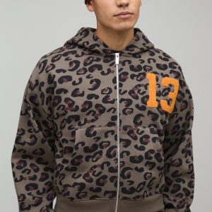 Shrunken Fit Leopard Zip Through Hoodie
