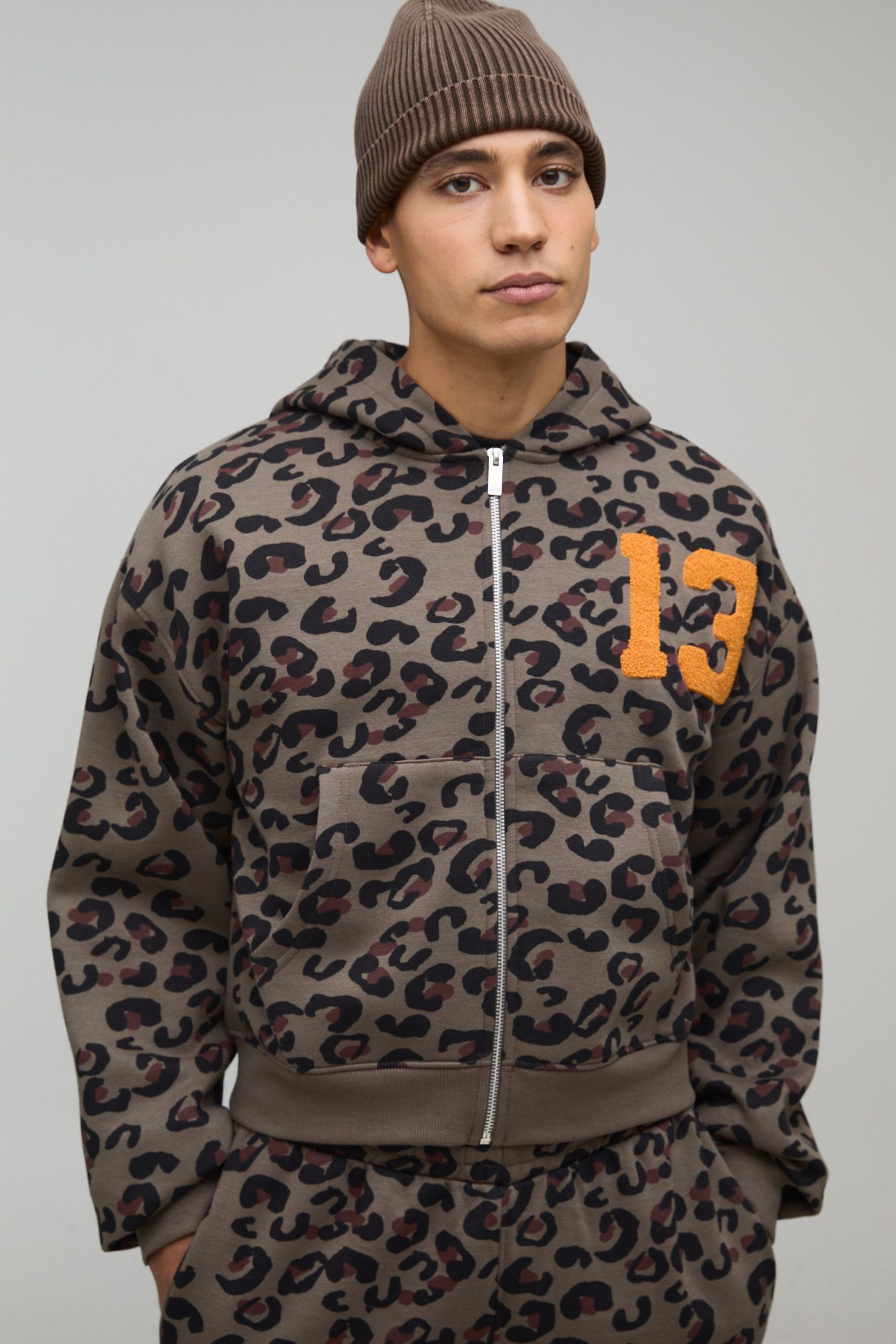 Shrunken Fit Leopard Zip Through Hoodie