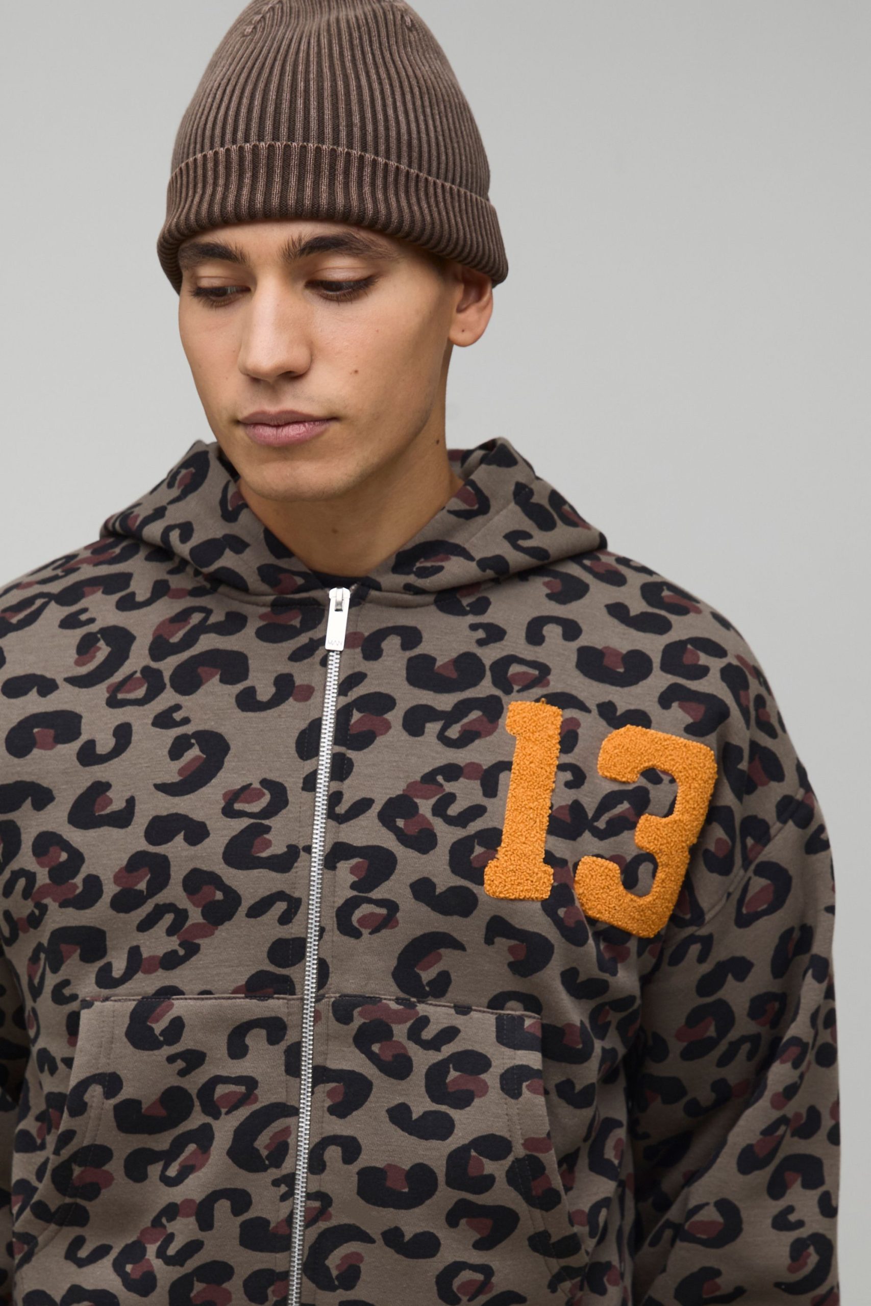 Shrunken Fit Leopard Zip Through Hoodie - Image 3