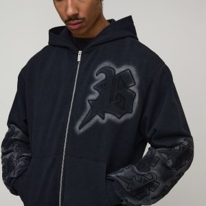 Oversized Boxy Applique Zip Through Washed Hoodie
