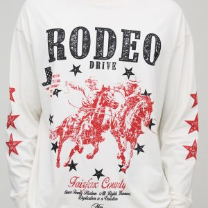 Ecru Oversized Rodeo Drive Star Long Sleeve Washed Graphic T-Shirt