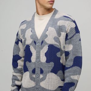 Oversized Boxy Ribbed Camo Knitted Cardigan