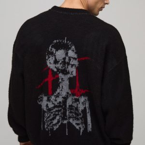 Oversized Boxy Gothic Skeleton Brushed Knitted Jumper