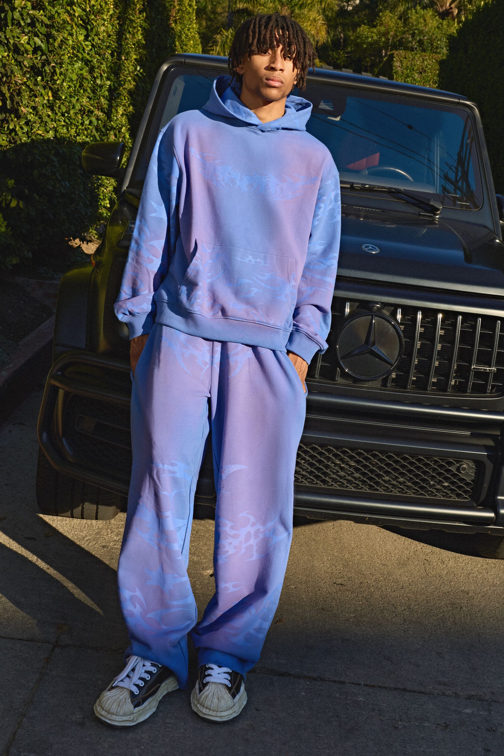 Wide Leg Loopback Distressed All Over Printed Joggers