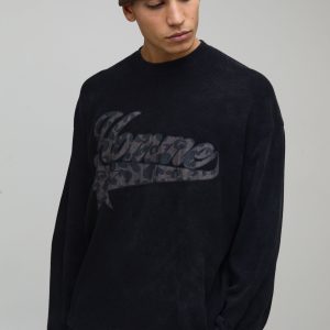 Oversized Boxy Waffle Flared Long Sleeve Leopard T-Shirt