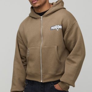Shrunken Zip Through Embellished 13 Graphic Hoodie