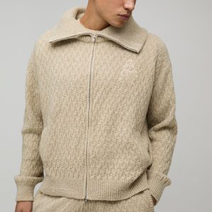 Regular Fit 1/4 Zip Funnel Neck Embroidered Knitted Sweatshirt