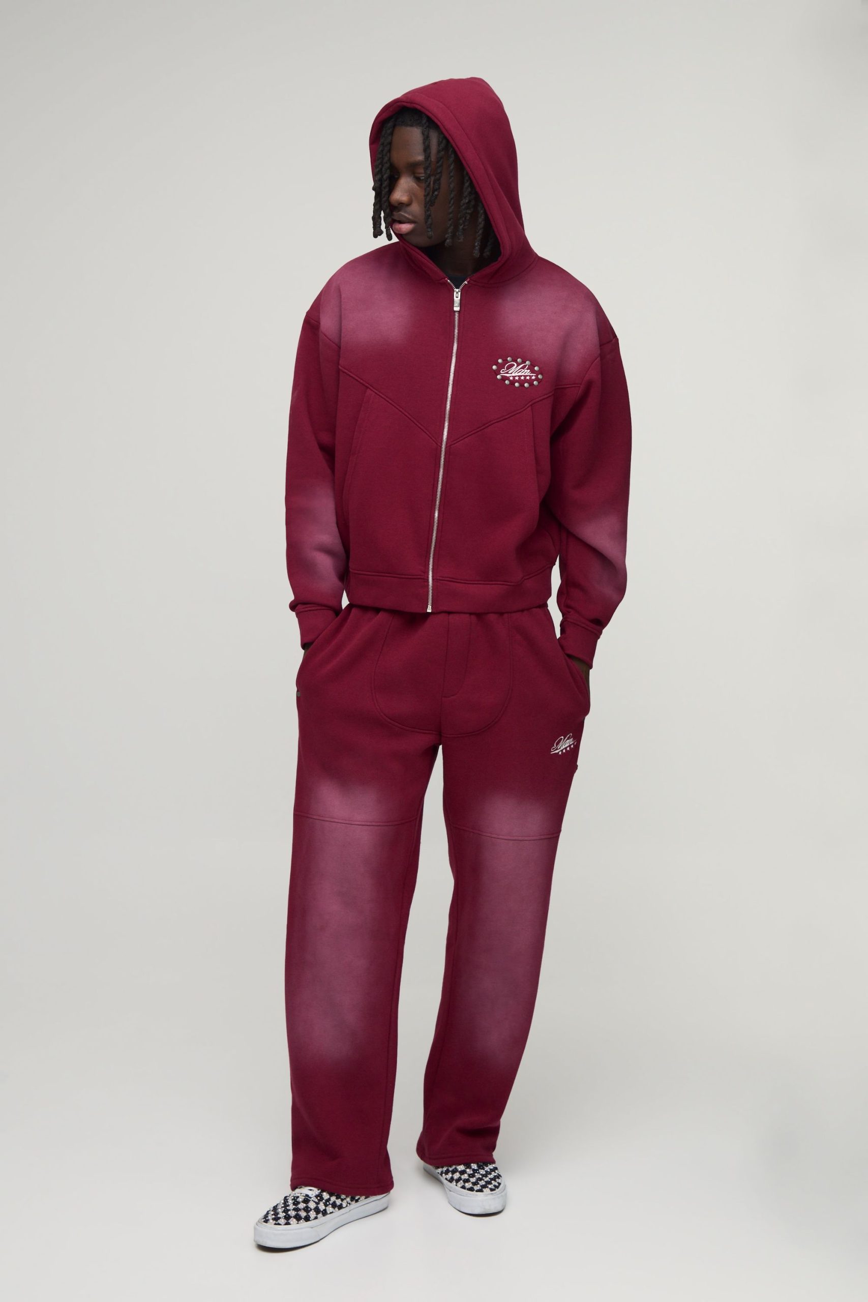 Oversized Boxy Western Washed Applique Stud Detail Hooded Tracksuit