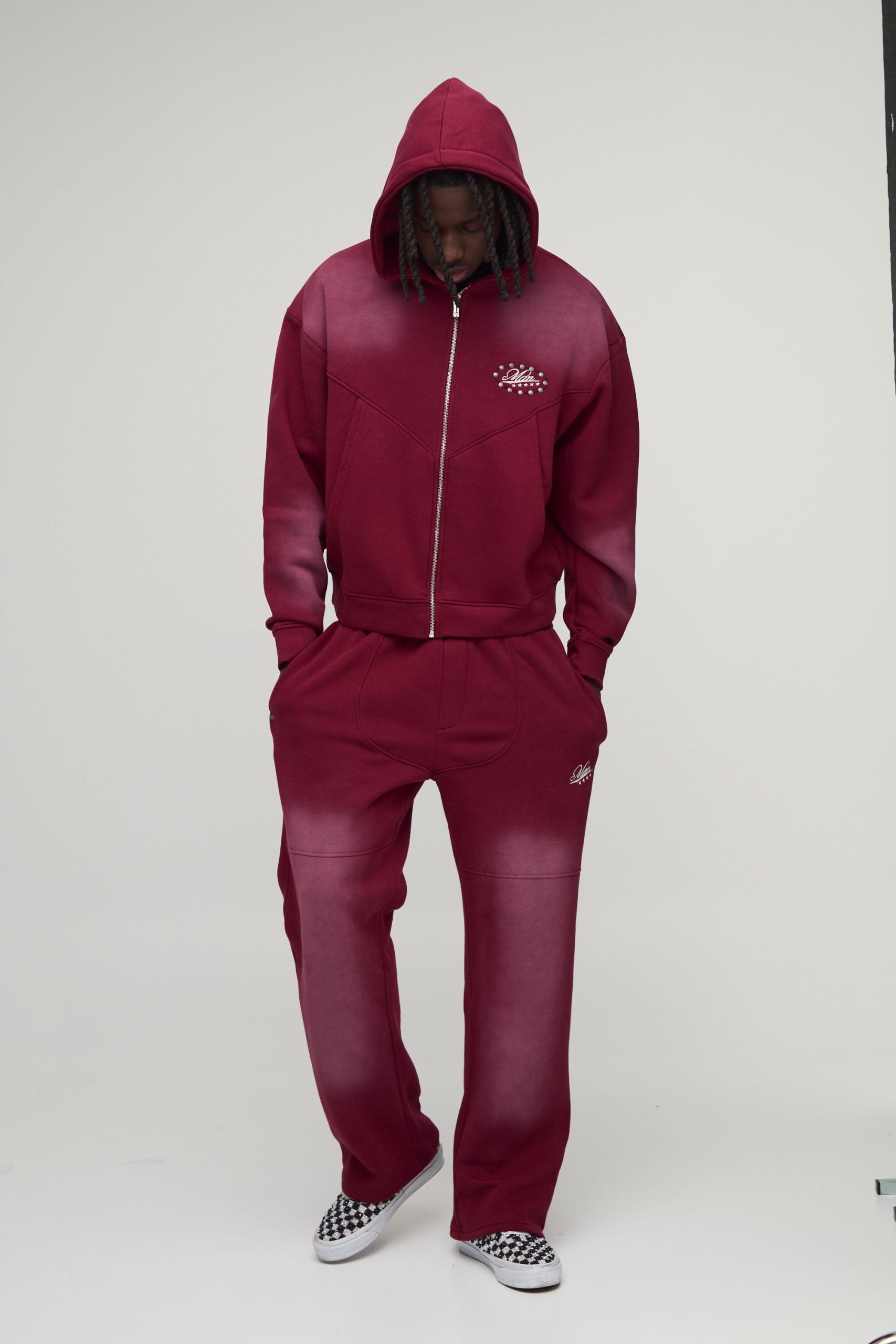 Oversized Boxy Western Washed Applique Stud Detail Hooded Tracksuit - Image 4
