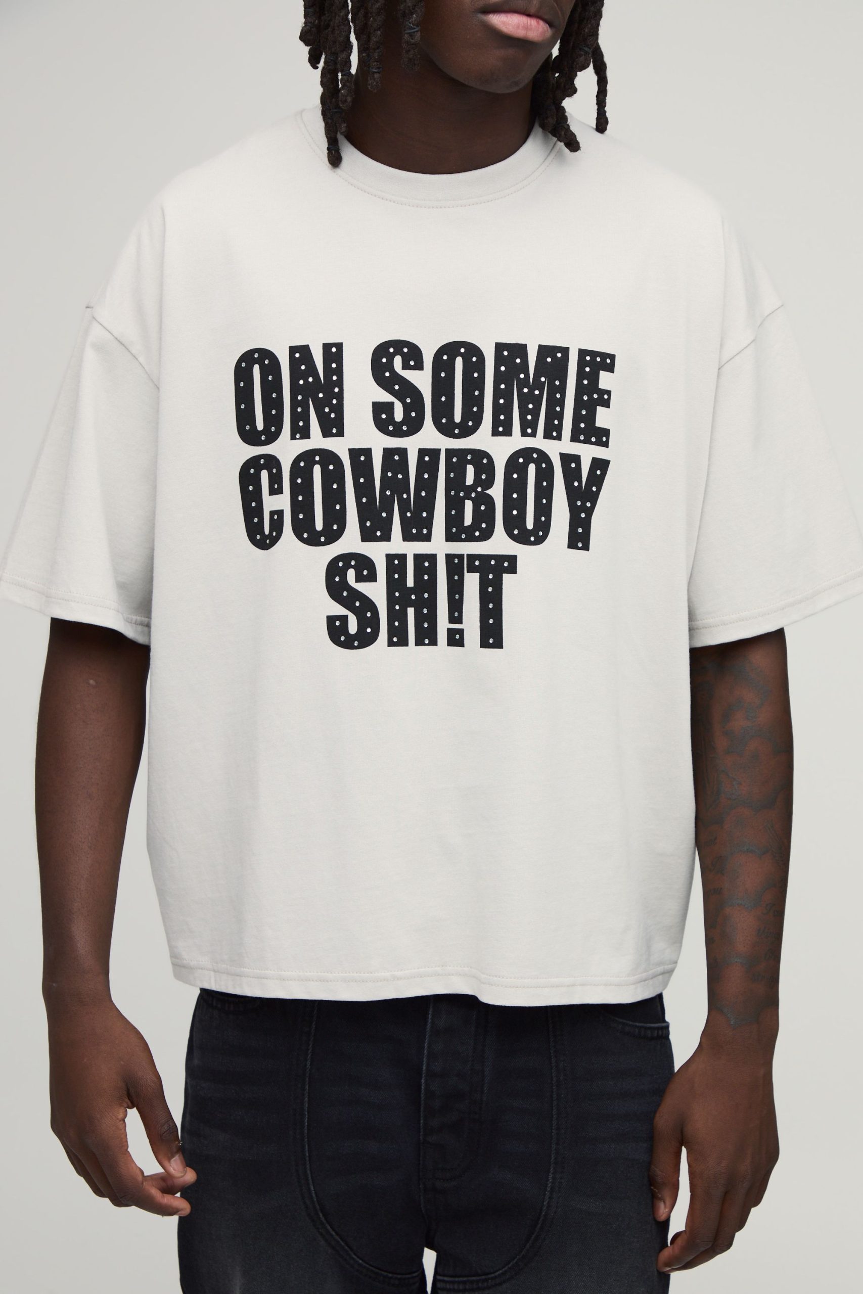 Oversized Boxy Heavyweight Cowboy Rhinestone Slogan T-Shirt