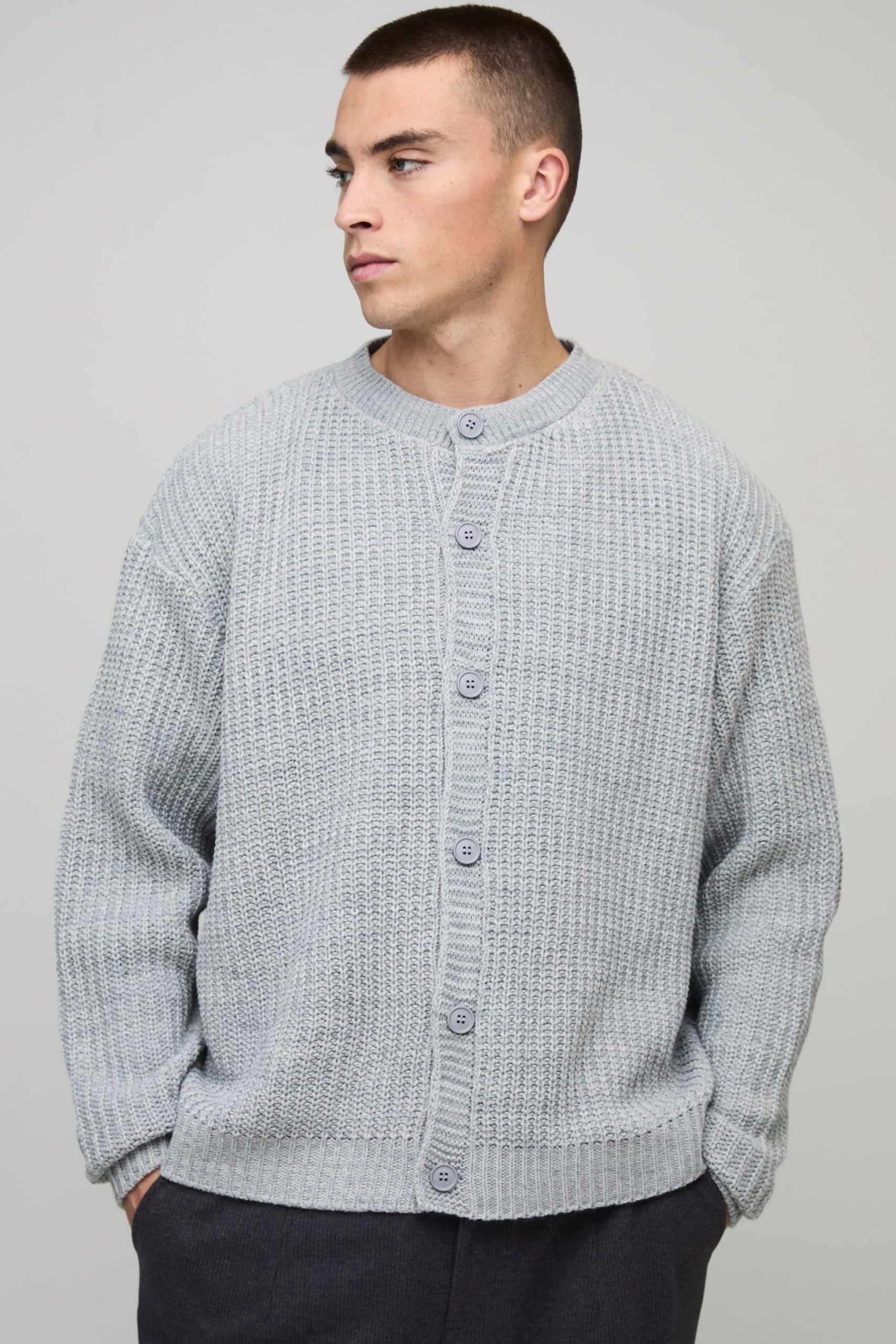 Oversized Fisherman Rib Knitted Button Up Cardigan