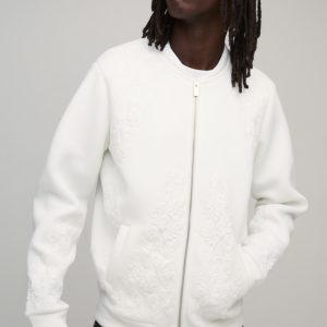 Regular Fit Floral Embroidered Scuba Bomber Jacket