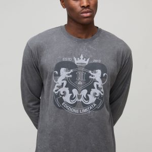 Charcoal Regular Fit Graphic Acid Wash Long Sleeve Printed T-Shirt