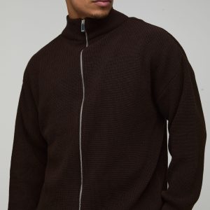 Relaxed Fit Ribbed Funnel Zip Thru Knitted Jumper