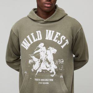 Washed Khaki Oversized Boxy Western Printed Hoodie