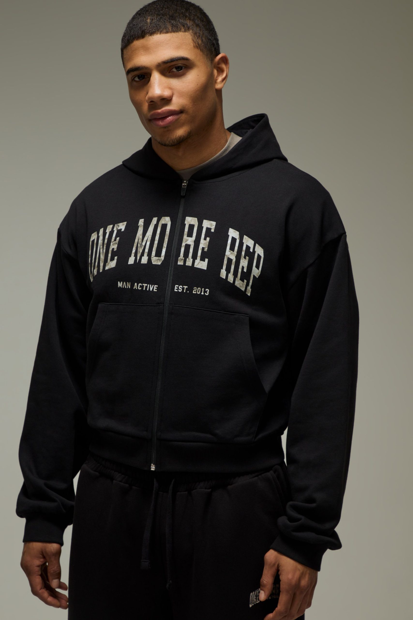 One More Rep Camo Shrunken Boxy Zip Through Hoodie