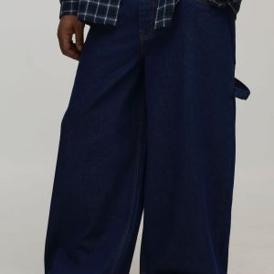 Plus Indigo Wash Contrast Stitch Baggy Carpenter Jeans