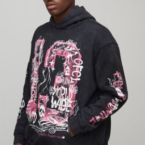 Black Oversized Doodle Print Acid Wash Hoodie