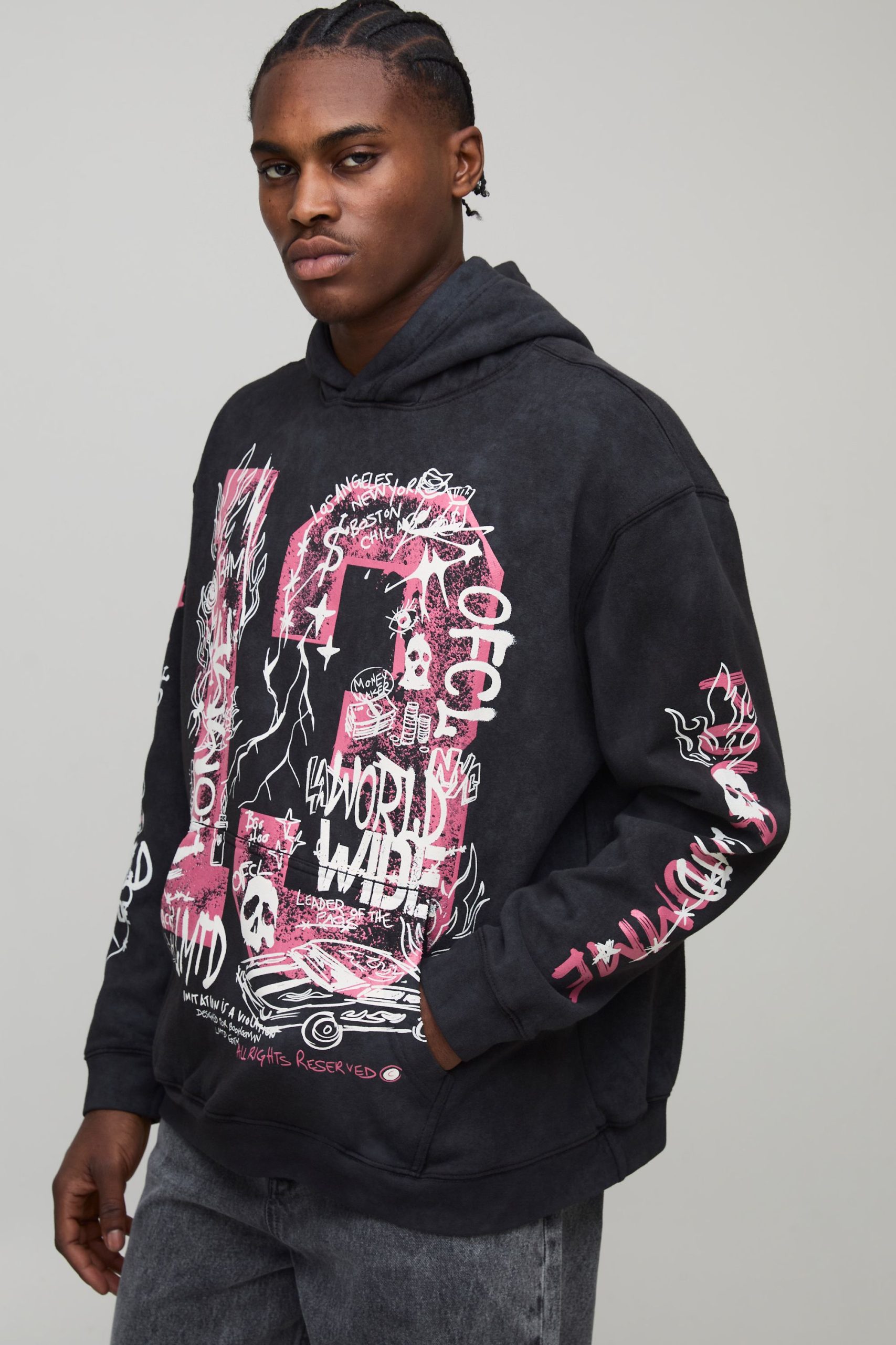 Black Oversized Doodle Print Acid Wash Hoodie