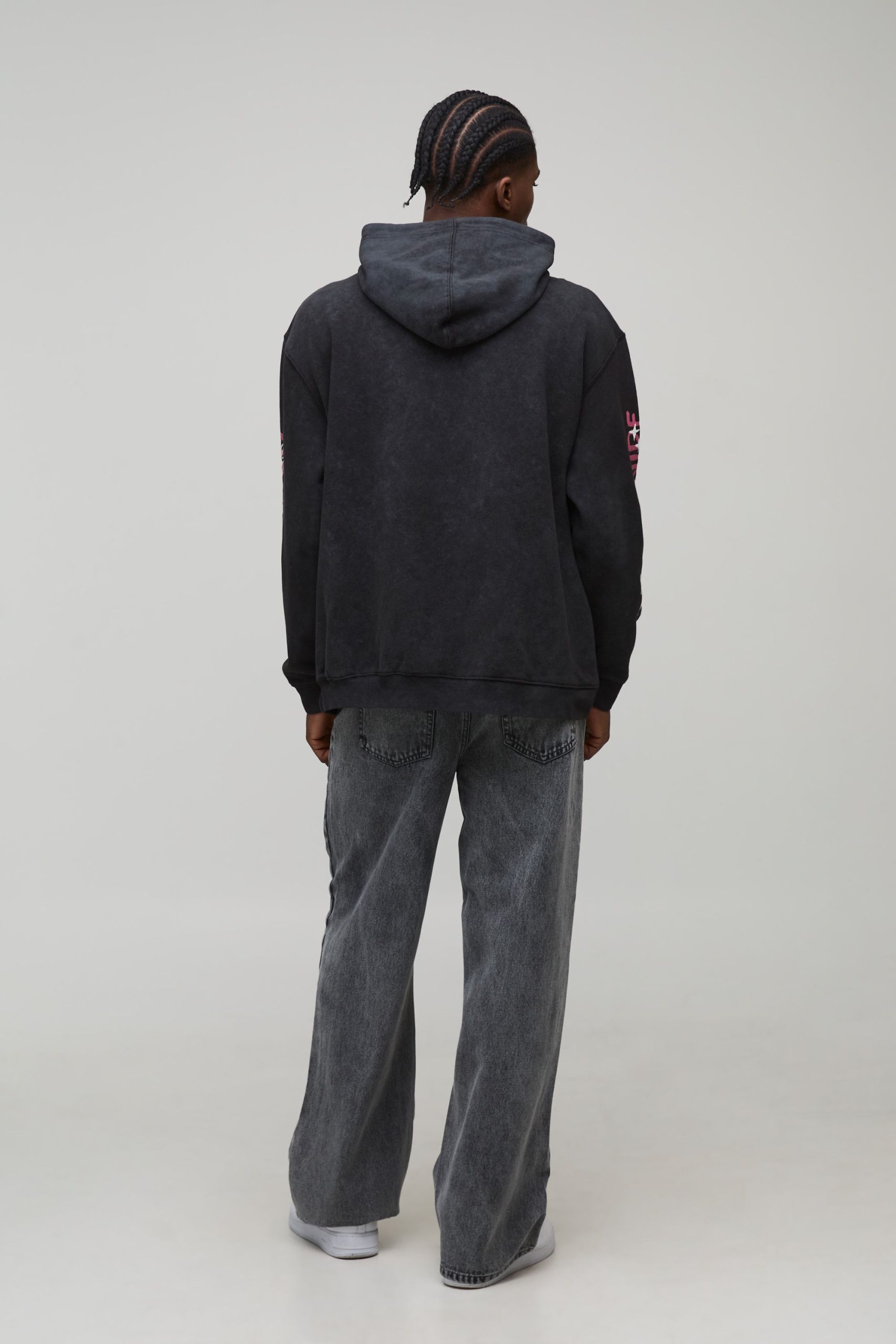 Black Oversized Doodle Print Acid Wash Hoodie - Image 2