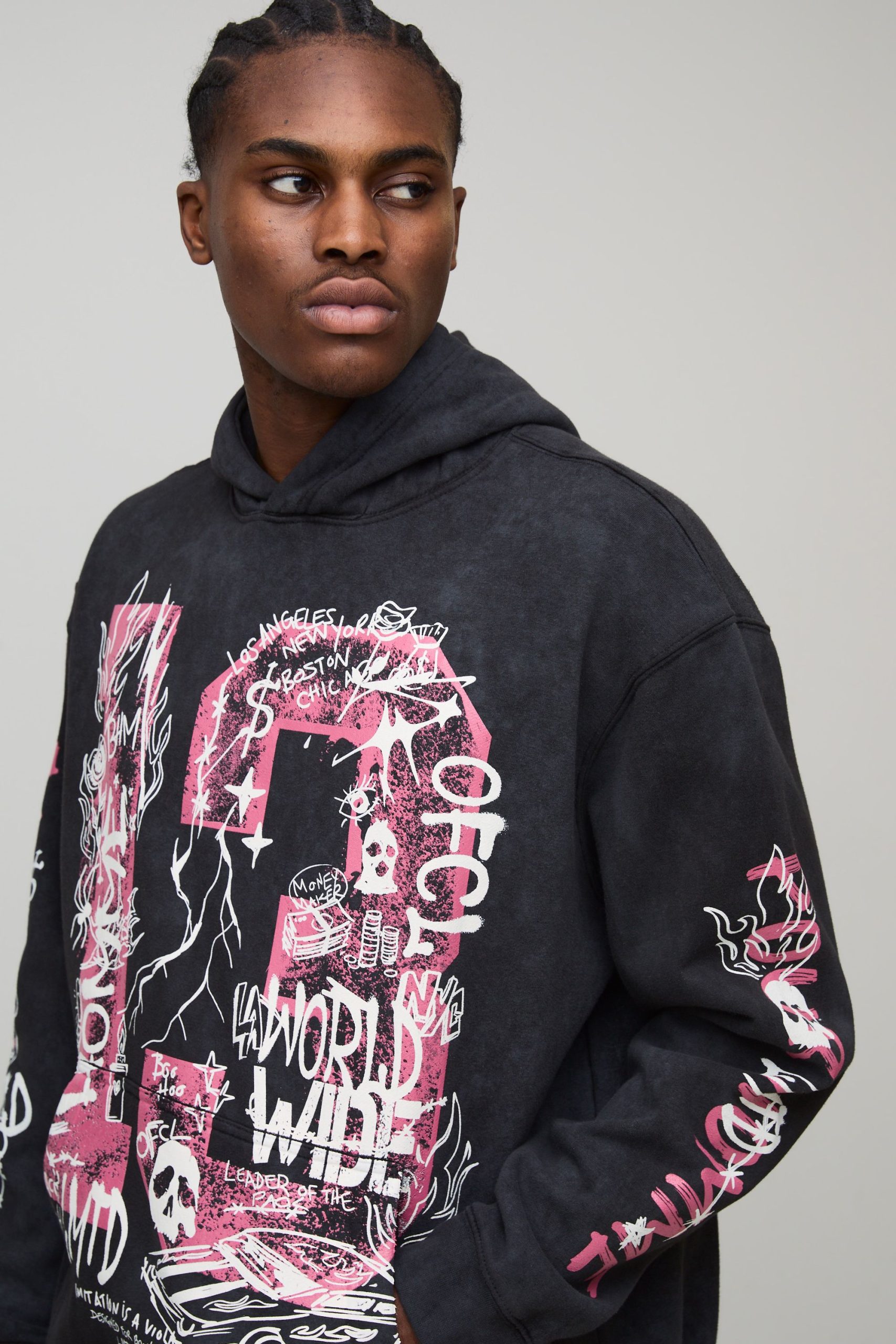 Black Oversized Doodle Print Acid Wash Hoodie - Image 3