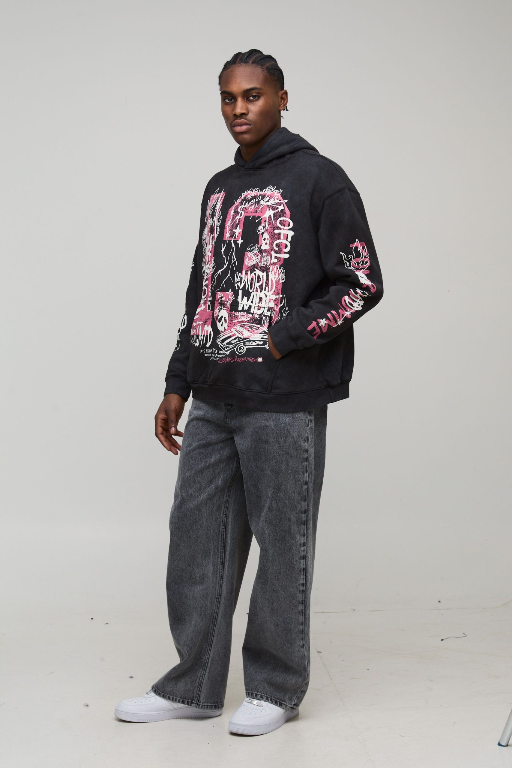 Black Oversized Doodle Print Acid Wash Hoodie - Image 4
