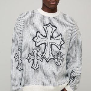 Tall Oversized Boxy Fluffy Cross Jacquard Knitted Jumper