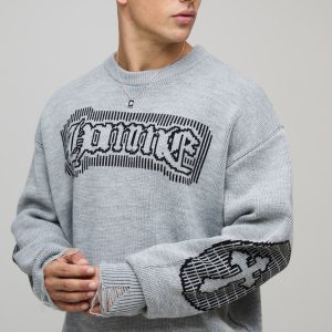 Oversized Crew Neck Homme Distressed Cross Knitted Jumper