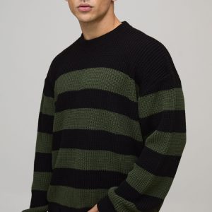 Boxy Distressed Striped Knitted Jumper
