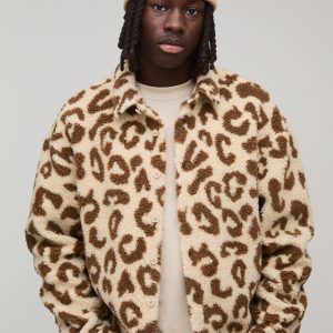 Oversized Leopard Print Borg Overshirt