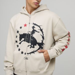 Stone Oversized Boxy Western Print Zip Through Hoodie