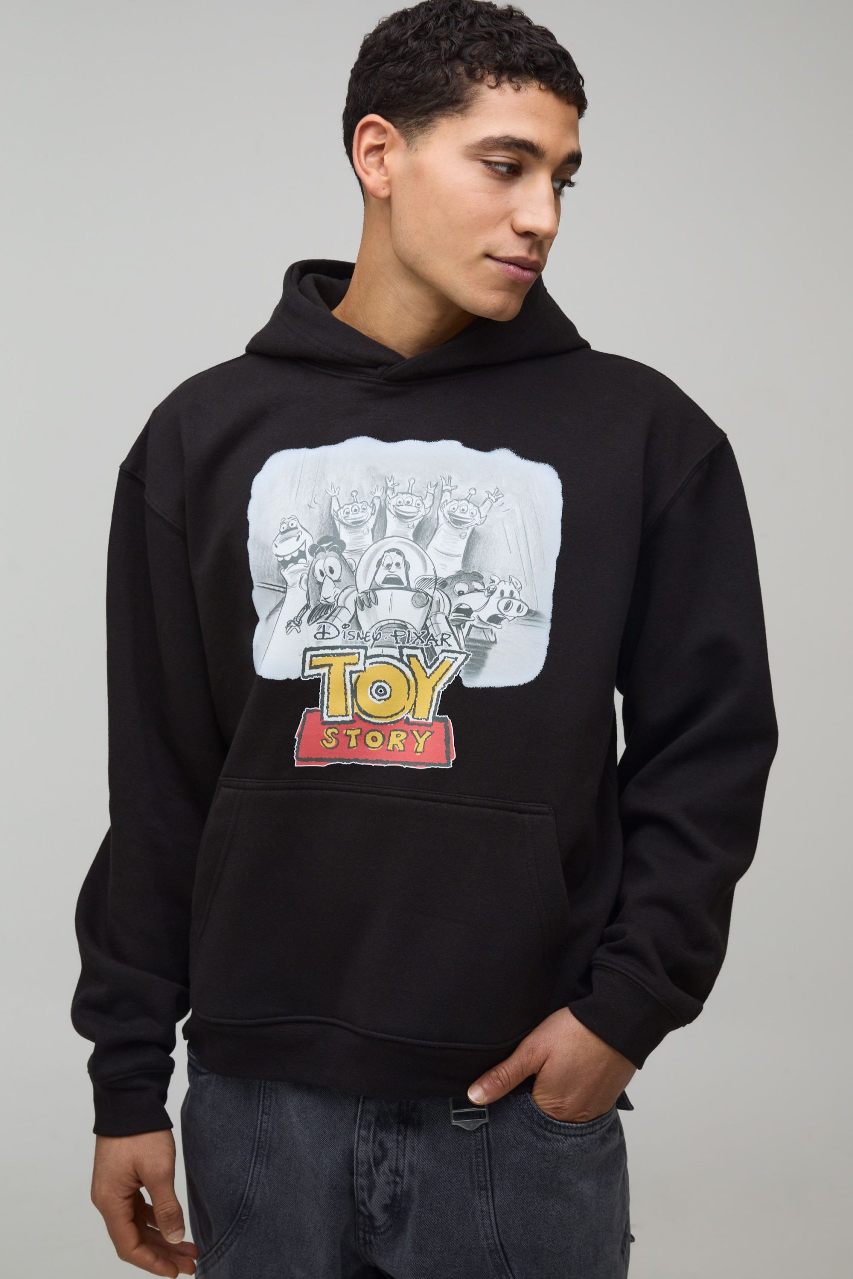 Black Oversized Boxy Disney Toy Story License Printed Hoodie