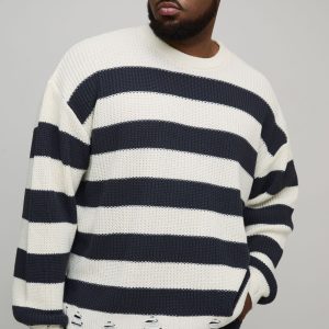 Plus Boxy Distressed Striped Knitted Jumper
