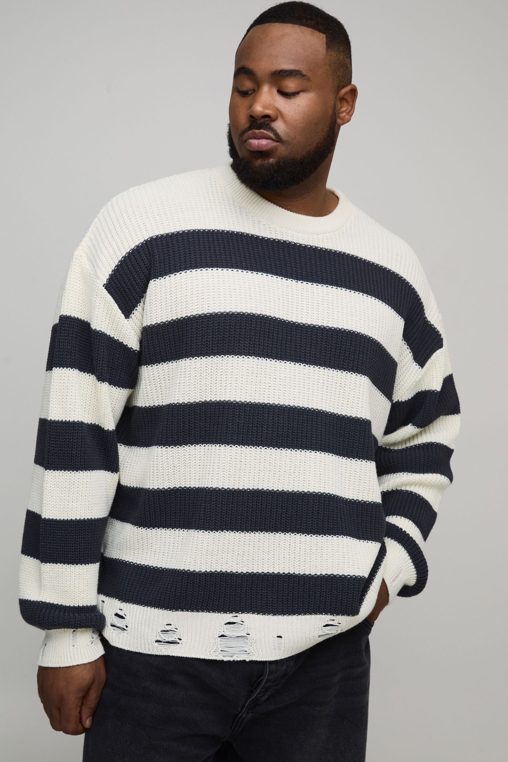 Plus Boxy Distressed Striped Knitted Jumper