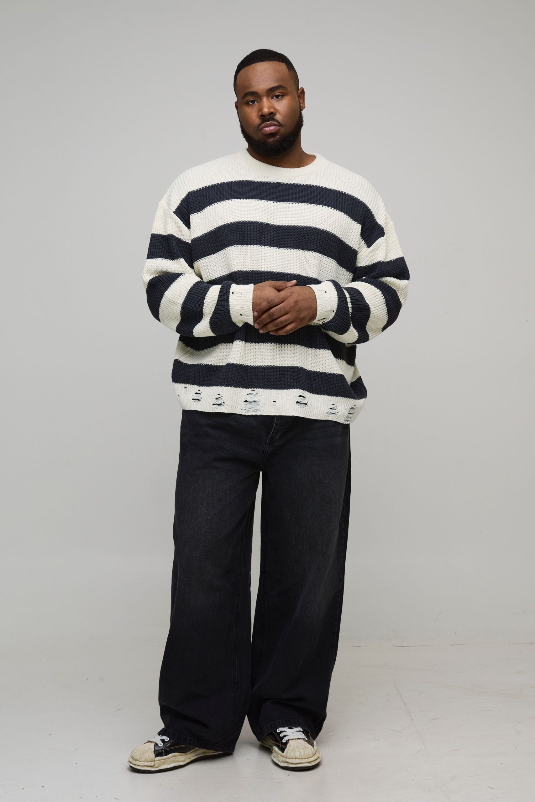 Plus Boxy Distressed Striped Knitted Jumper - Image 4