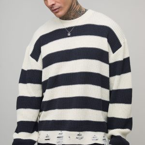 Tall Boxy Distressed Striped Knitted Jumper