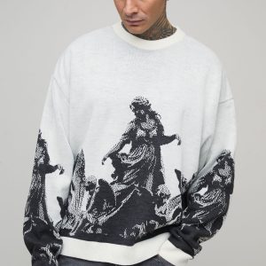 Tall Oversized Renaissance Embroidered Jacquard Knitted Jumper
