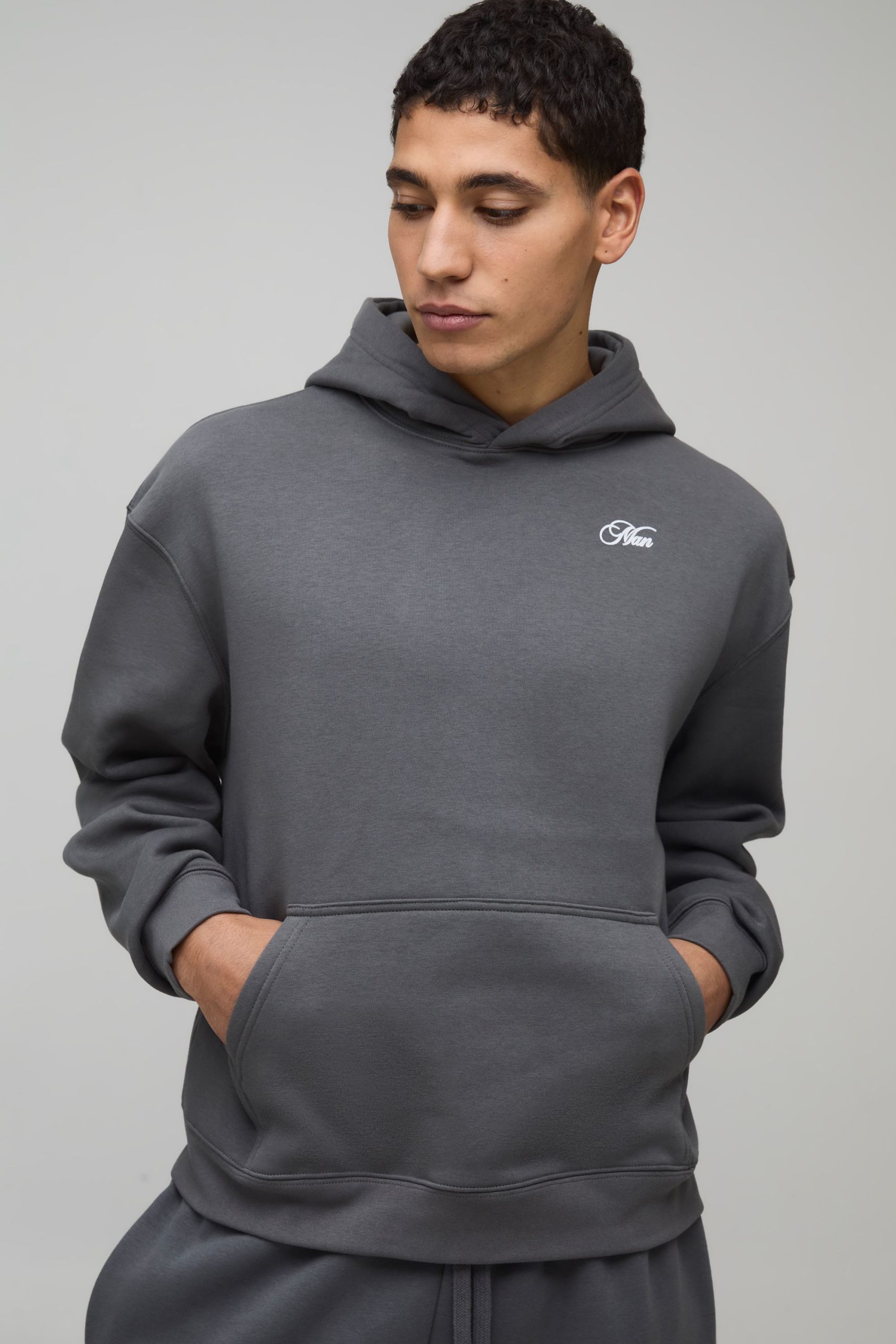 Charcoal Oversized Boxy Hamptons Over Seams Printed Hoodie - Image 3