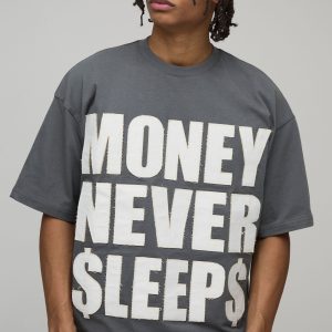 Oversized Boxy Money Slogan Distressed Applique T-Shirt