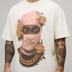 Ecru Oversized Man Floral Ski Mask Printed T-Shirt