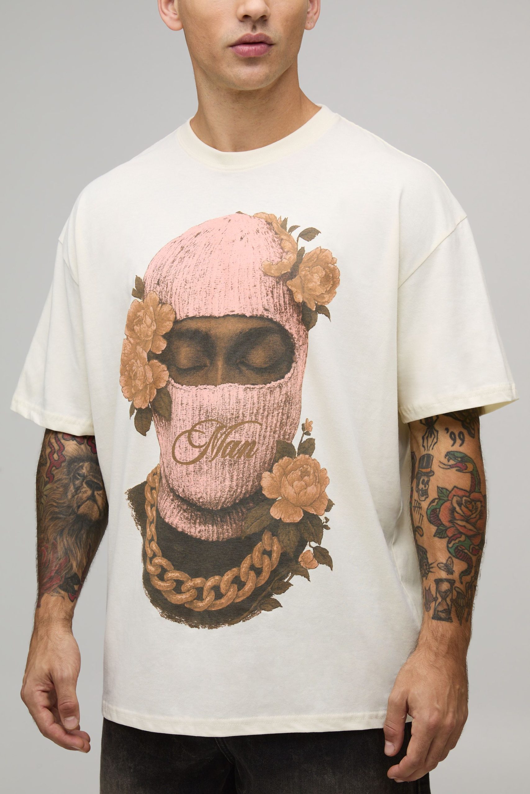 Ecru Oversized Man Floral Ski Mask Printed T-Shirt