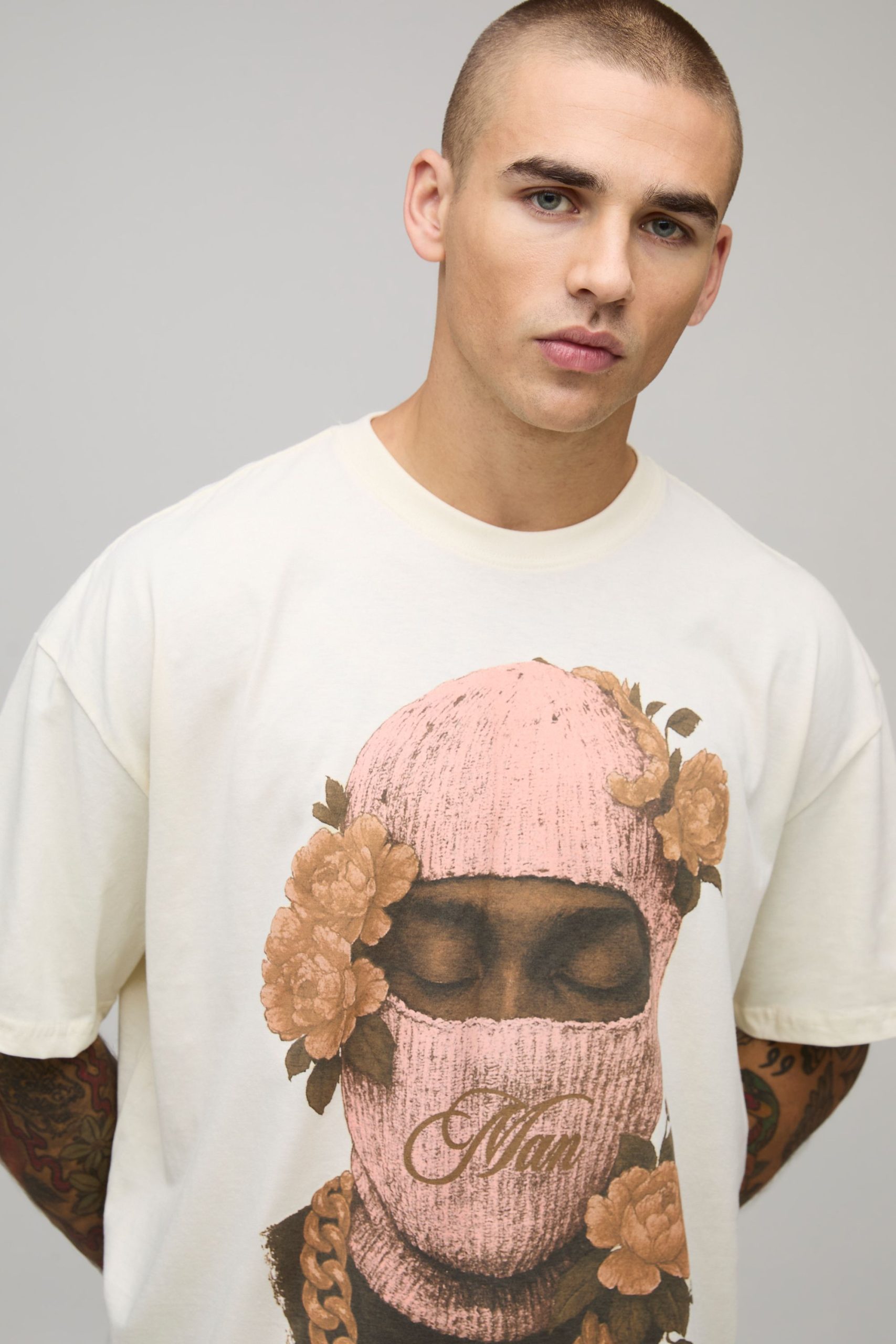 Ecru Oversized Man Floral Ski Mask Printed T-Shirt - Image 3