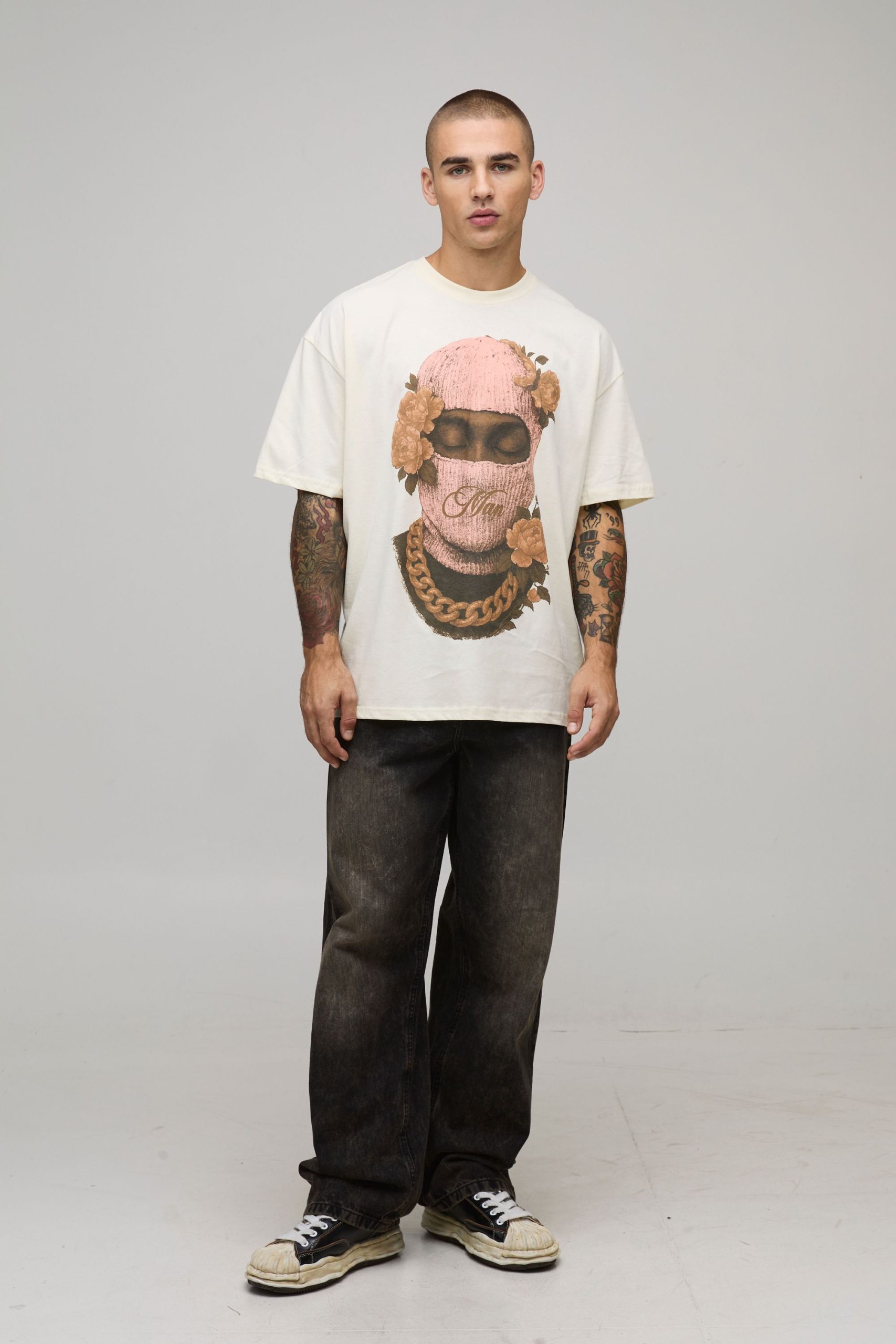 Ecru Oversized Man Floral Ski Mask Printed T-Shirt - Image 4