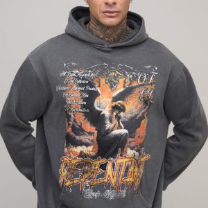 Tall Charcoal Oversized Graphic Washed Hoodie
