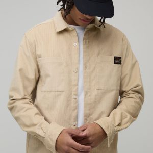 Regular Fit Long Sleeve Cord Woven Tab Overshirt