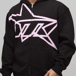 Oversized Boxy Star Printed Zip Through Hoodie